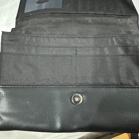 Nicole Miller black vegan leather ruffle and chain embellished crossbody purse - Picture 6 of 8